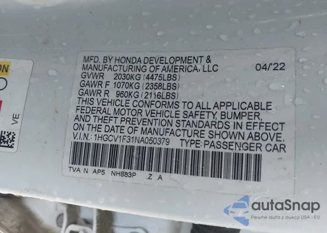 2022 Honda Accord Sport z USA, uszkodzony, nr VIN 1HGCV1F31NA050379